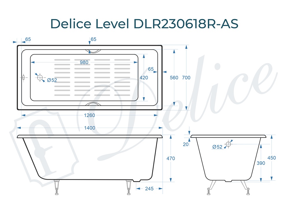 Ванна чугунная Delice Level 140х70 DLR230618R-AS с отверстиями под ручки и антискользящим покрытием