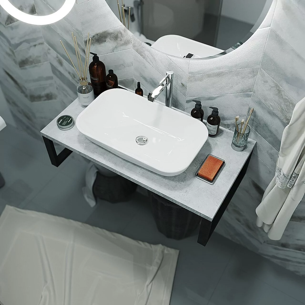 Столешница под накладную раковину 1Marka Grunge loft 90 на кронштейнах, бетон светлый