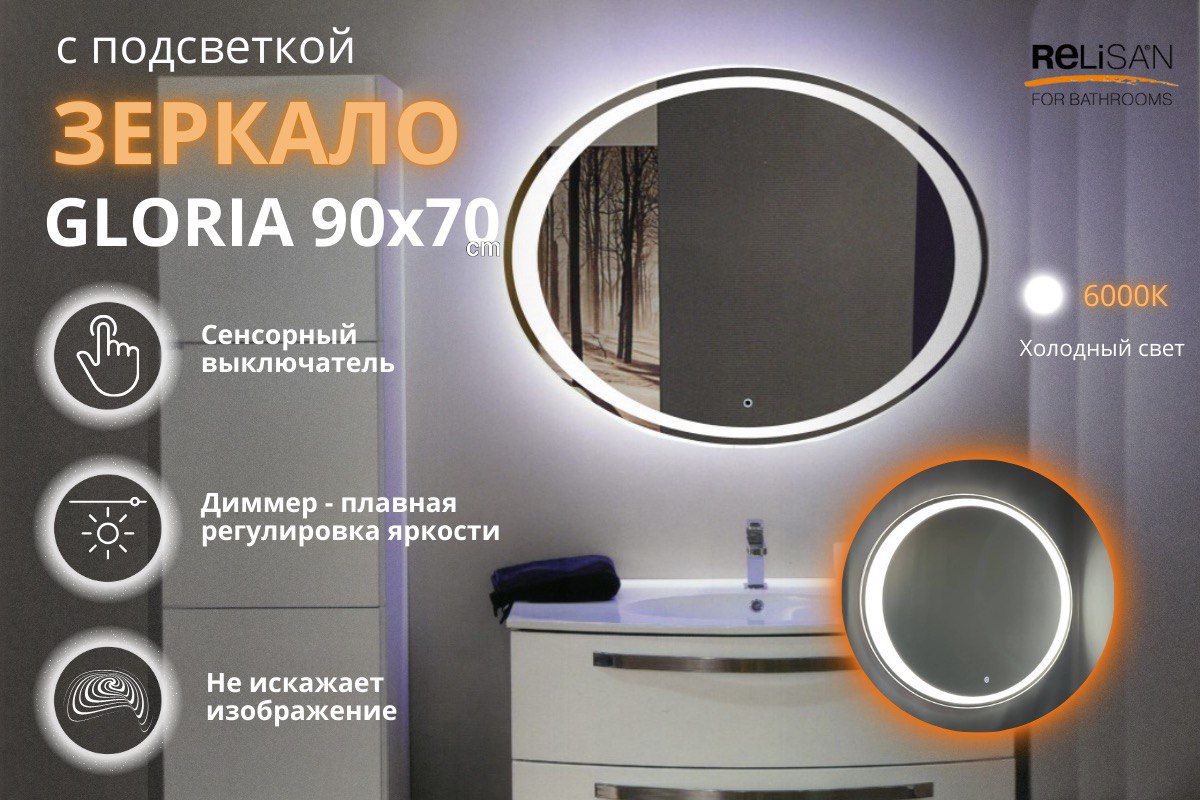 Зеркало Relisan GLORIA 900х700 с подсветкой