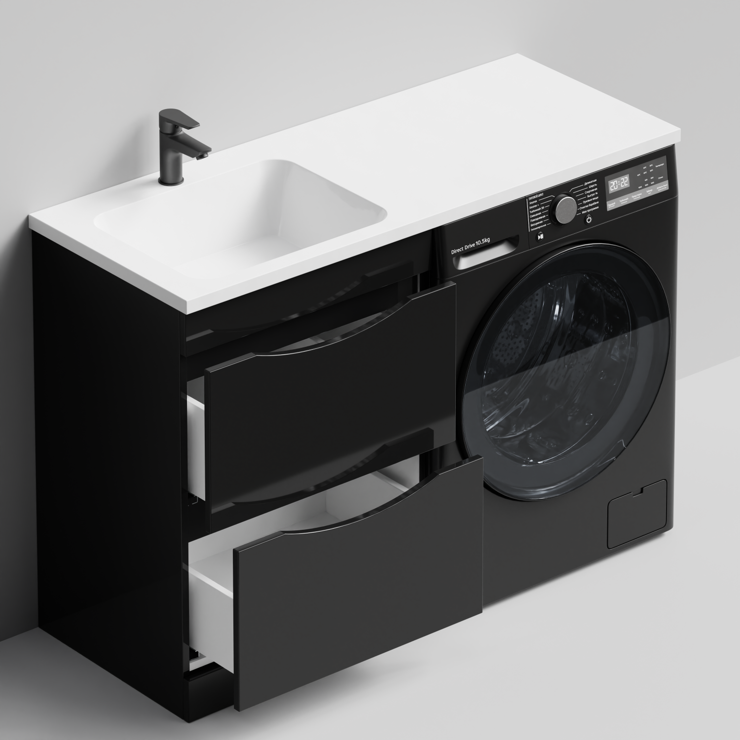 Тумба Vod-ok 58 с раковиной Смайл 120 напольная, под стиральную машину, левая, черный глянец