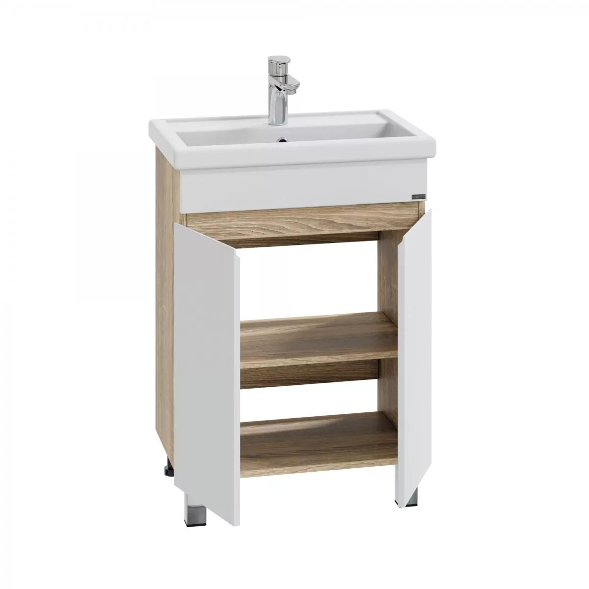 Тумба напольная Санта Марс 60 с раковиной Фостер 60 две двери, белый/янтарный