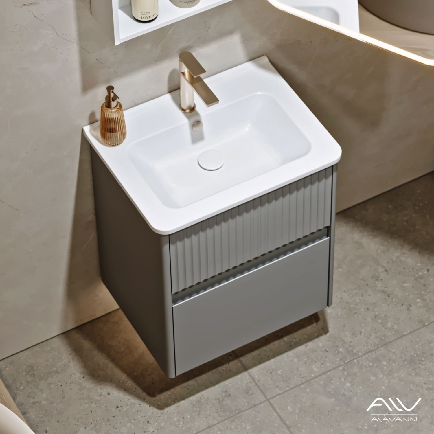 Тумба подвесная Alavann Wave 60 с раковиной Nikson 60, голубой деним