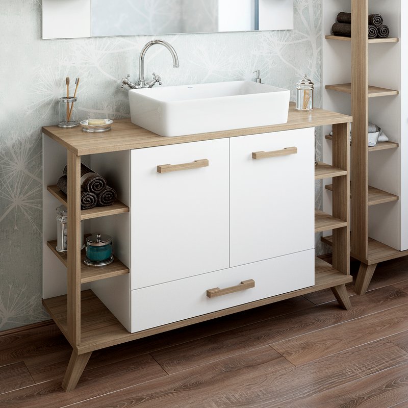Тумба Sanflor Ингрид 120 с накладной раковиной MARAZZI Plaza 55 напольная, белый матовый, швейцарский вяз