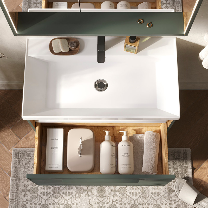 Тумба с раковиной EQUIL Gleam 80 подвесная, один ящик, зеленый камень/дуб вотан