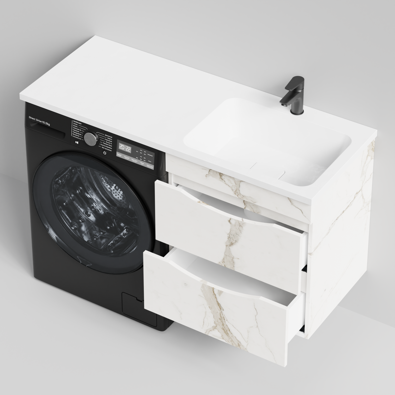 Тумба Vod-ok 58 с раковиной Смайл 120 подвесная, под стиральную машину, правая, Мрамор Белый натур милк