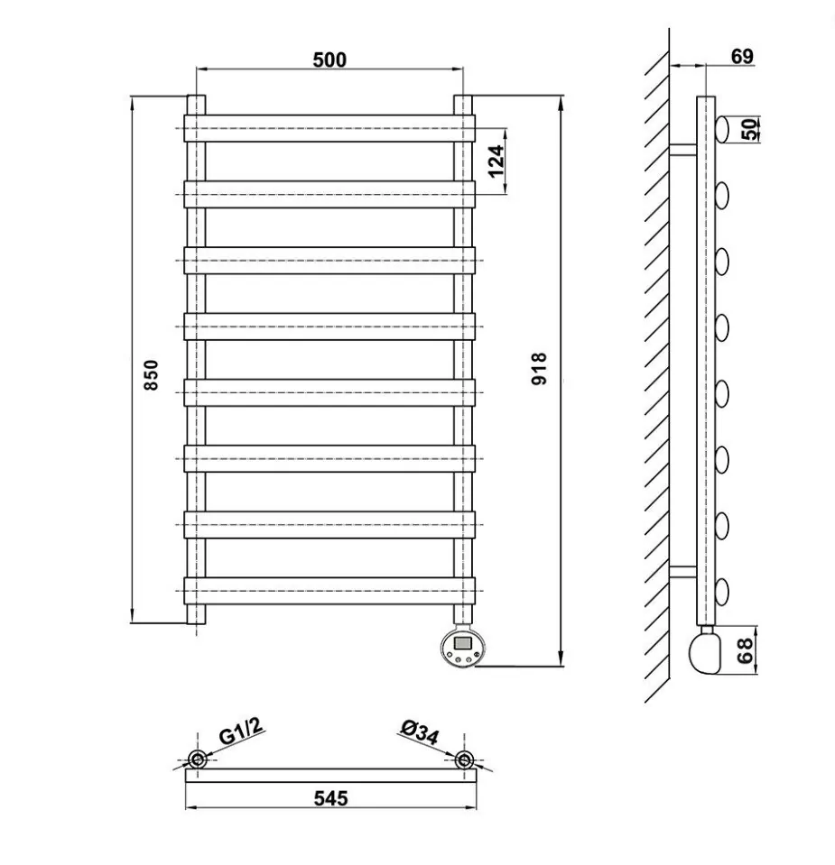 Полотенцесушитель электрический Domoterm Альфа П8 500х992 ER правый, черный матовый