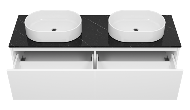 Тумба подвесная Misty Виста 150 с 2 раковинами и столешницей черный мрамор, белый