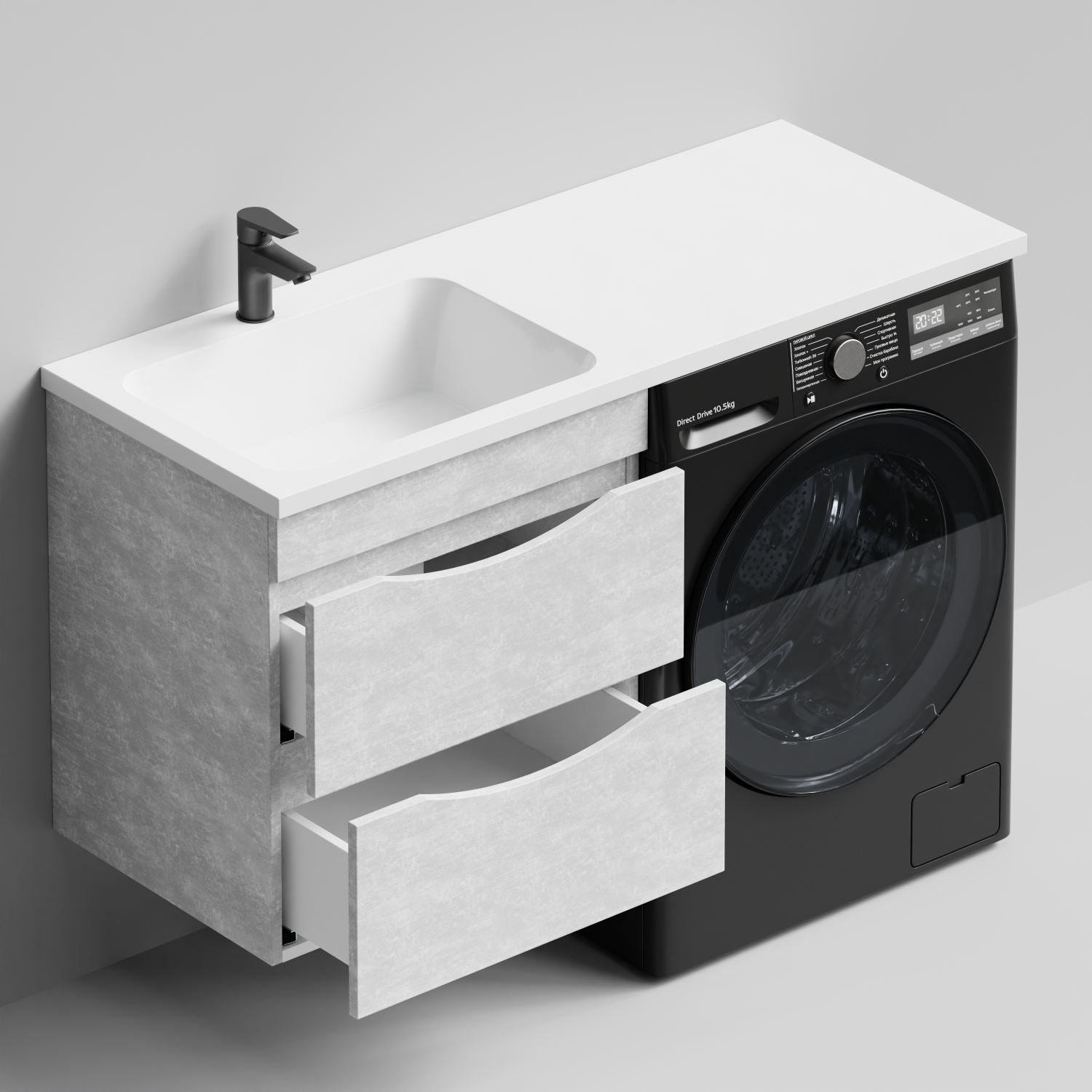 Тумба Vod-ok 58 с раковиной Смайл 120 подвесная, под стиральную машину, левая, Белый камень