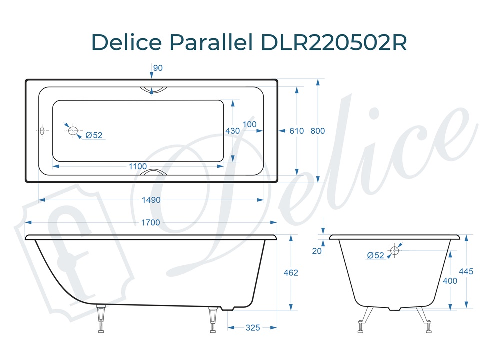 Ванна чугунная Delice Parallel 170х80 DLR220502R с ручками