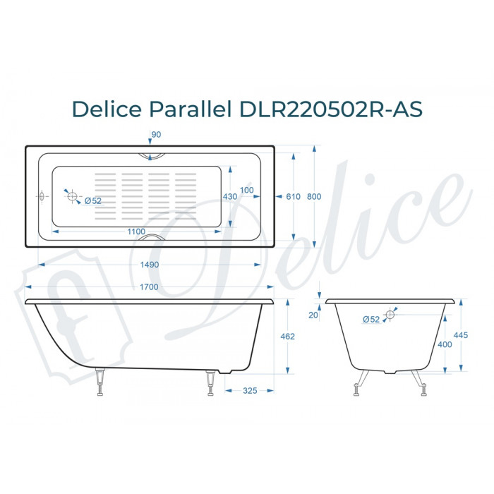 Ванна чугунная Delice Parallel 170х80 DLR220502R-AS с ручками и антискользящим покрытием