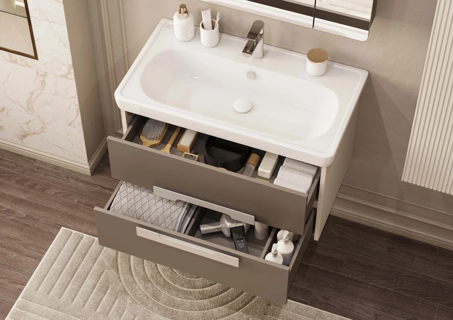 Тумба подвесная Aquaton Ар-Деко 65 с раковиной Нео 65, 2 ящика, кашемир