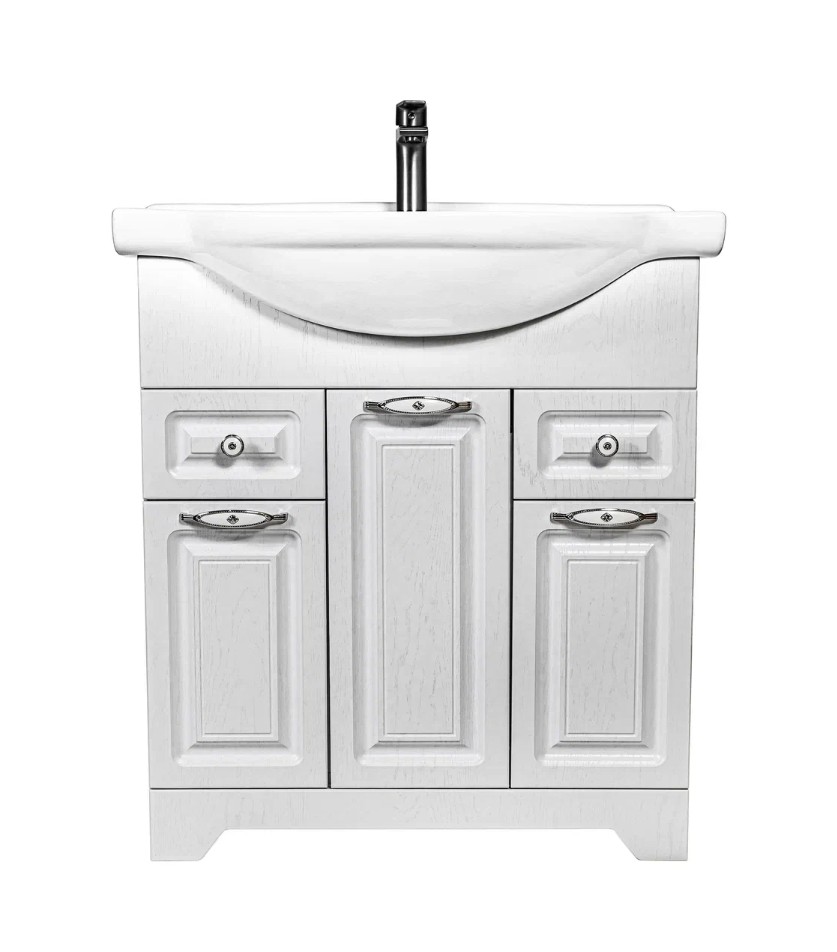 Тумба напольная Stella Polar Кармела 75 с раковиной Эльбрус 75, 2 ящ, 3 двери, Люкс белое серебро