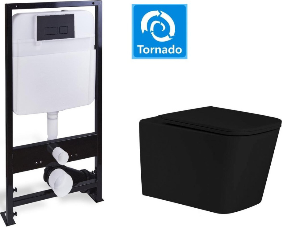 Унитаз подвесной SantiLine SL-5027MB+SL-04 с инсталляцией и кнопкой, черный