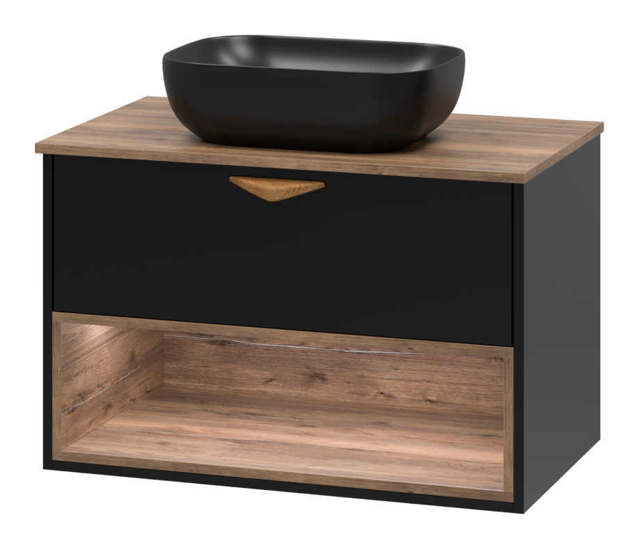 Тумба с раковиной Brevita Bergen 80 с подсветкой подвесная, черный/дуб галифакс