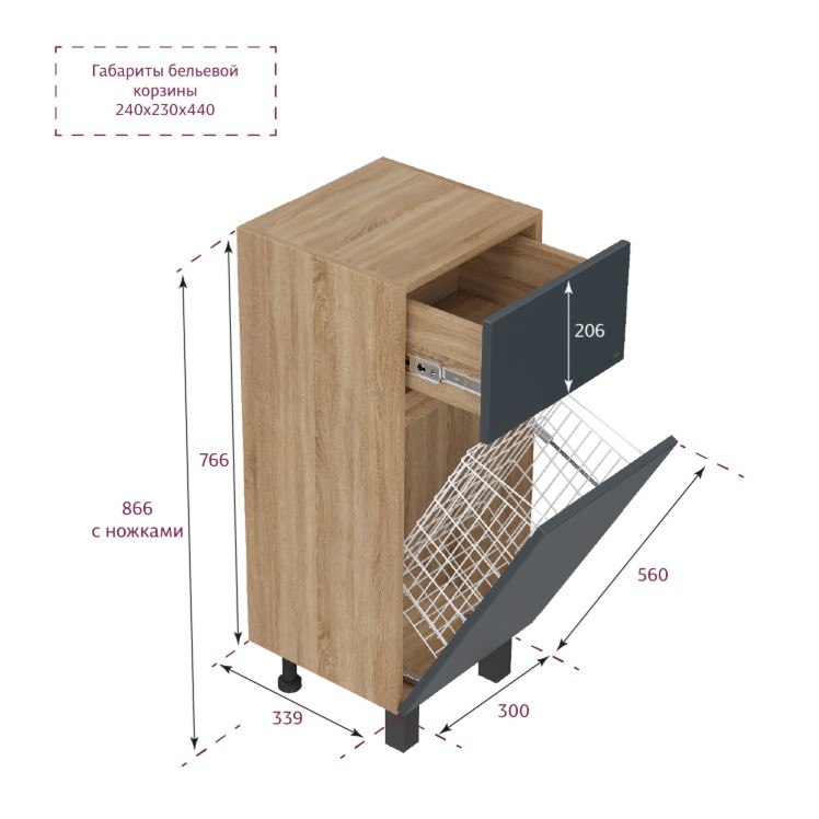 Тумба-комод Onika Милтон 30 напольный, серый/дуб сонома, с бельевой корзиной