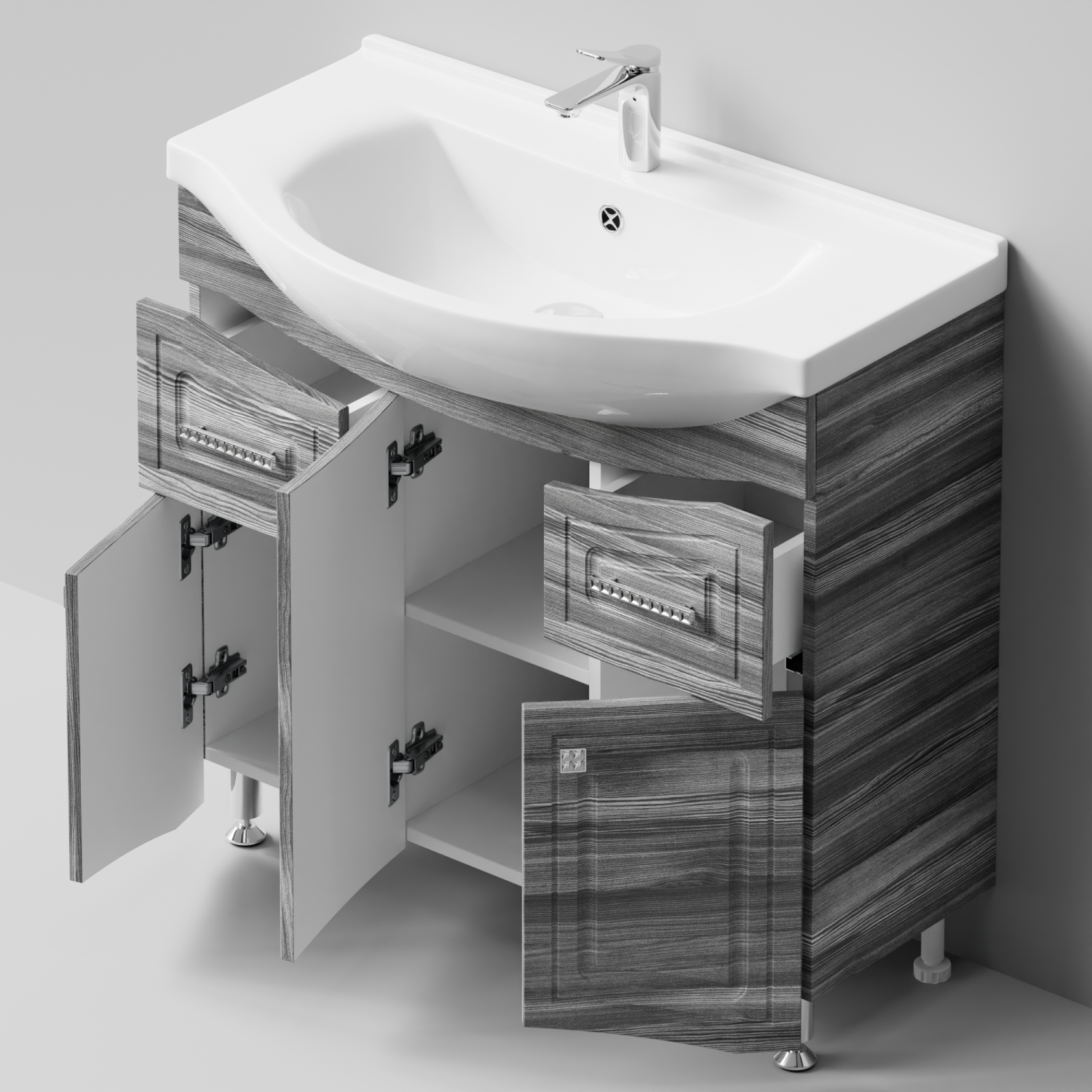 Тумба с раковиной Адам 90 напольная, Лиственница структурная контрастно-серая, петли слева