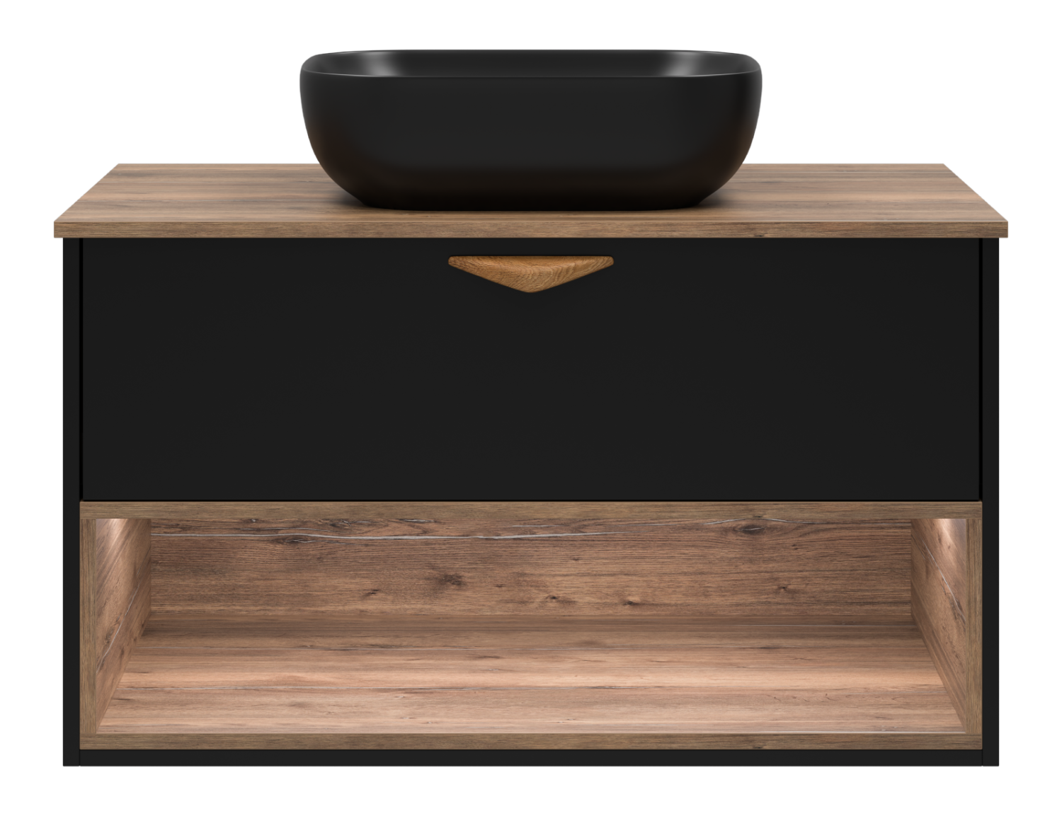 Тумба с раковиной Brevita Bergen 90 с подсветкой подвесная, черный/дуб галифакс
