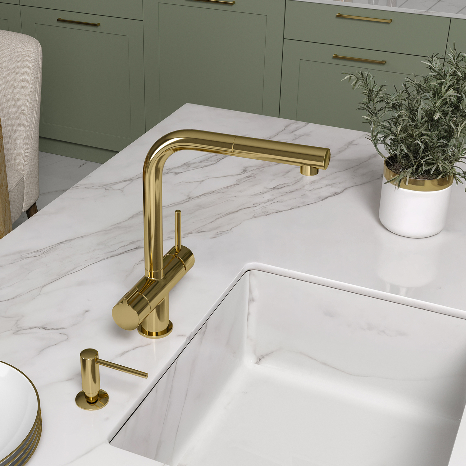 Смеситель для кухни под фильтр с выдвижной лейкой WasserKraft A8977 глянцевое золото