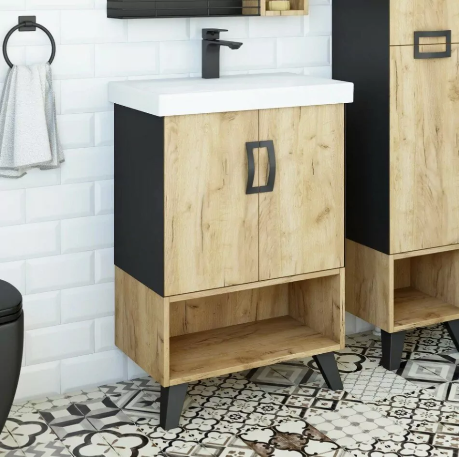 Тумба с раковиной Sanflor Выборг 60 напольная, крафт золотой/черный матовый