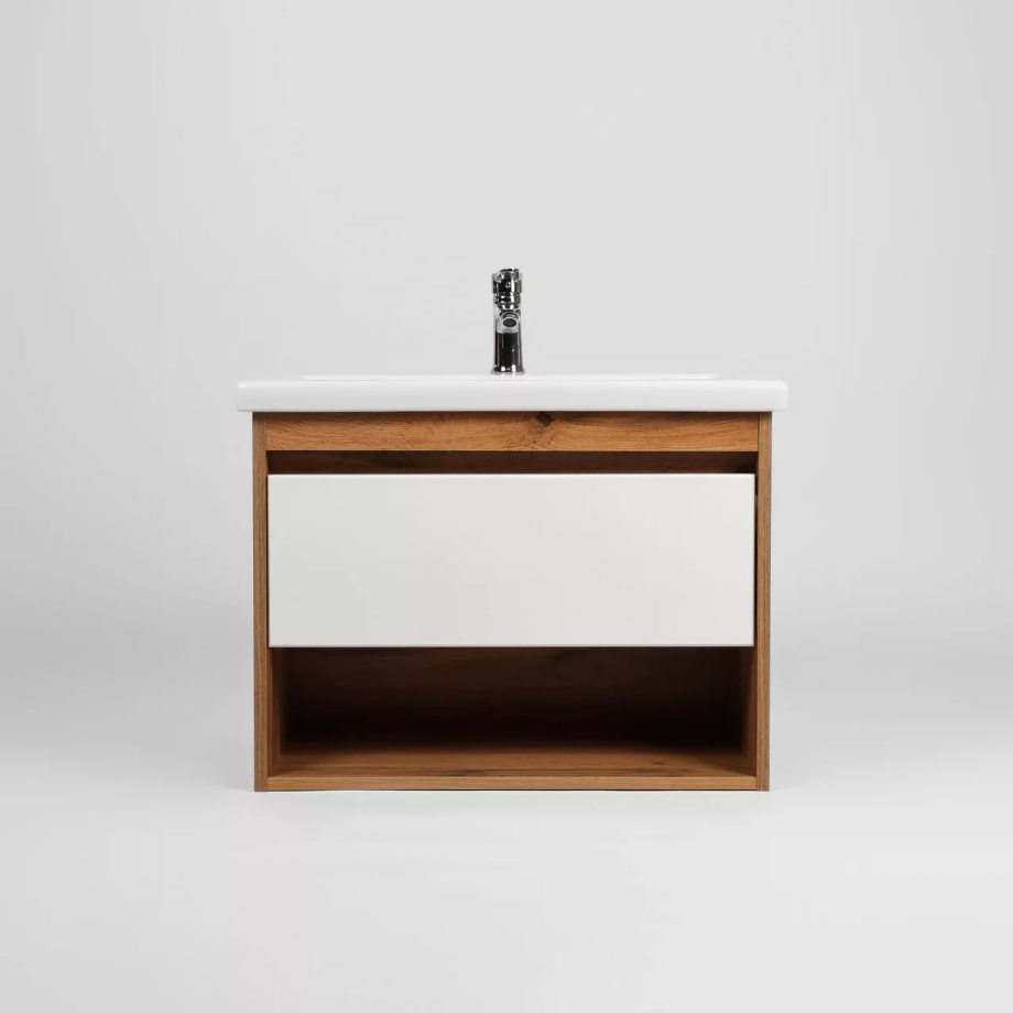 Тумба подвесная Viant Бостон 80 с раковиной Como 80, 1 ящик, белый/дуб вотан