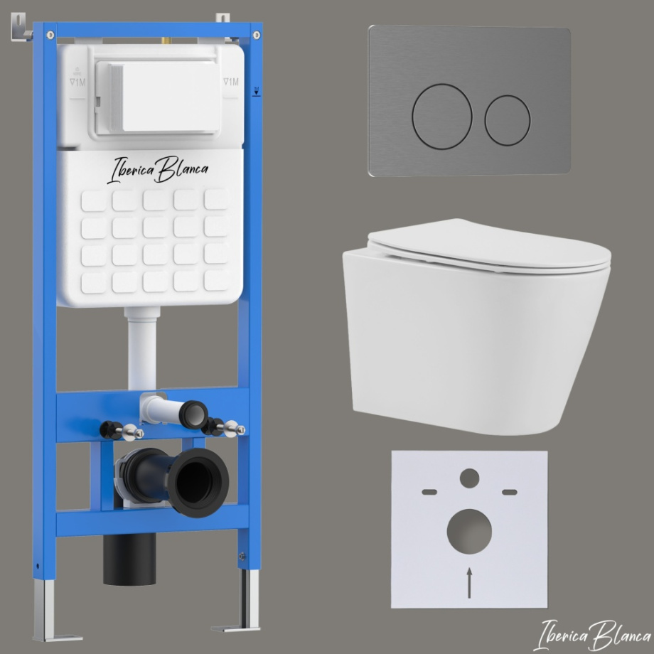 Комплект 3в1 IBERICA BLANCA инсталляция SILENCIO, унитаз BURGOS ALTO белый, кнопка смыва INOX-О вороненая сталь (IB001.BRA.234.8180)