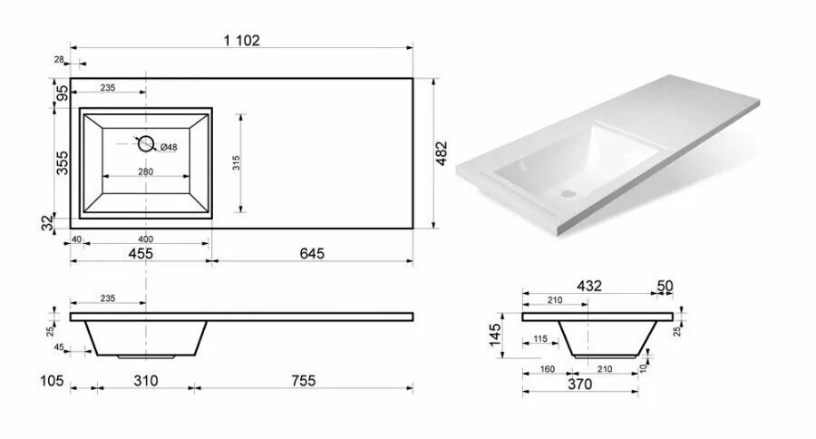 Тумба напольная Style Line Даллас 110 Люкс Plus Эмаль с раковиной Даллас 110 L под стиральную машину, два ящика, левая, белая