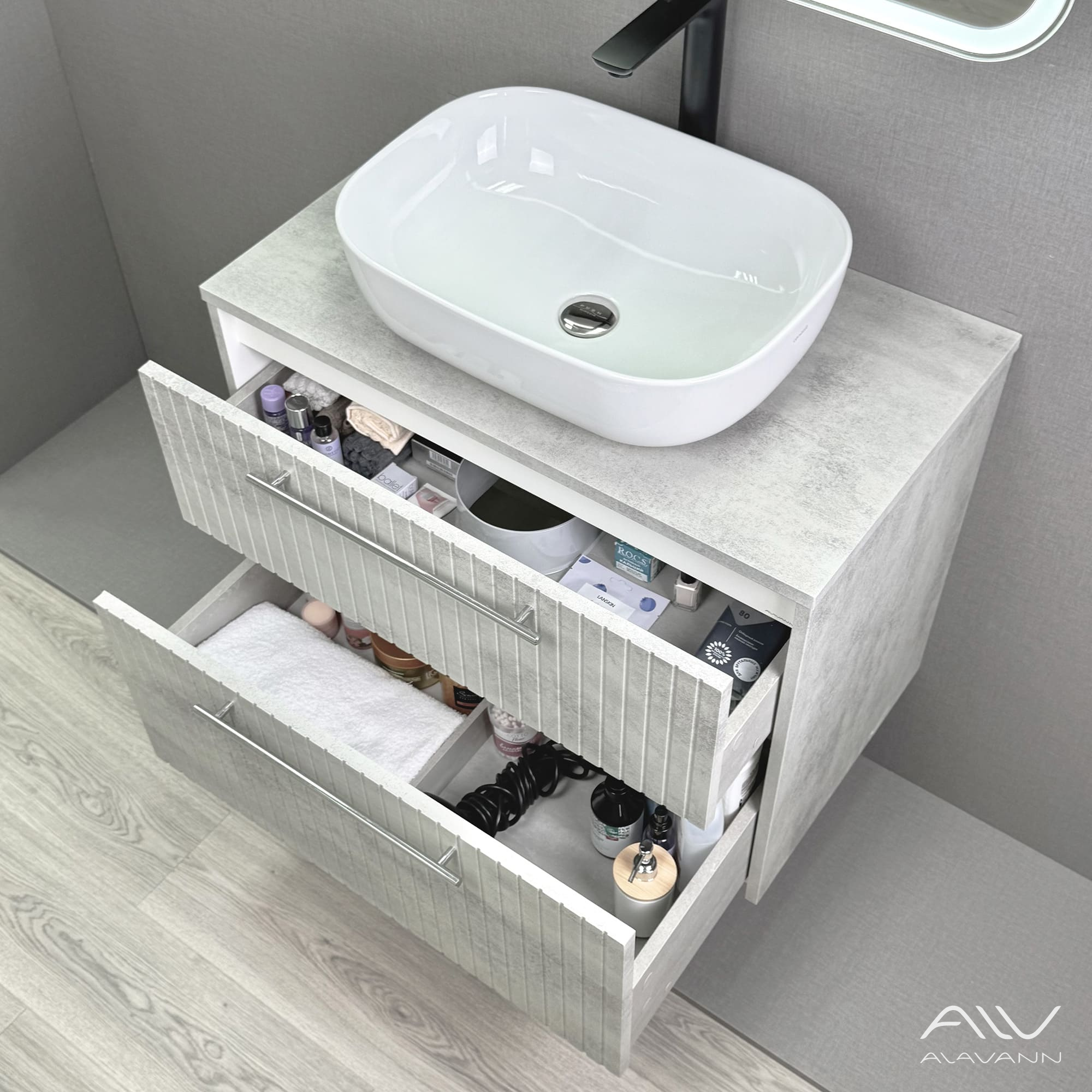 Тумба подвесная Alavann Emma 80 с раковиной Moduo 50 SQUARE, серый бетон