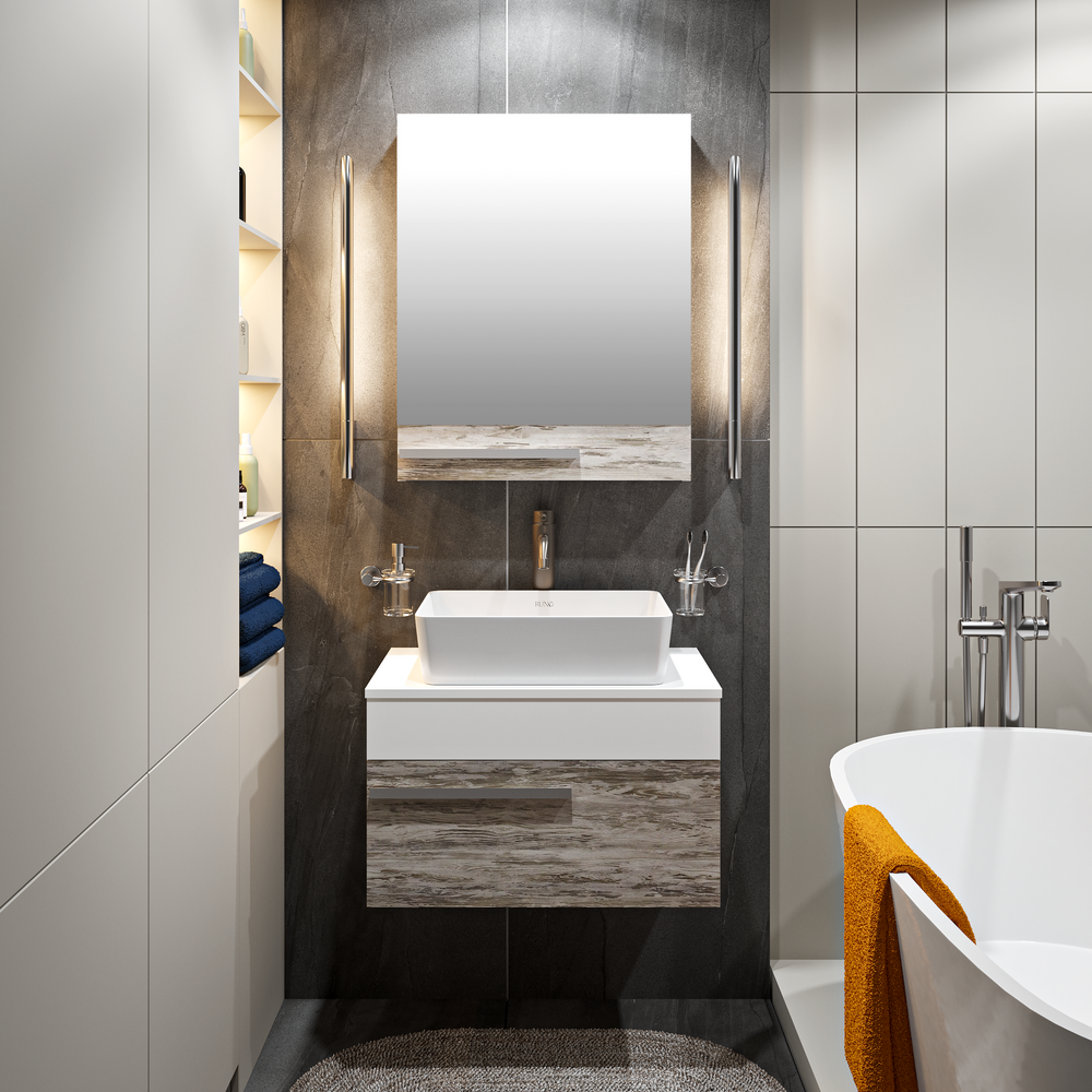 Тумба с раковиной подвесная Runo Вудлайн 65 скандинавский дуб/белый