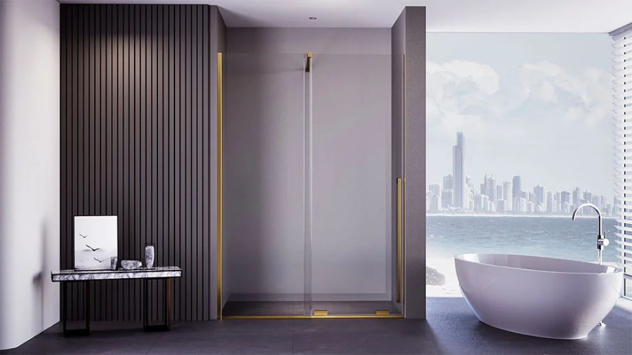 Душевая дверь Veconi Premium Trento PTDW-50G, 1100x2000, брашированное золото, стекло прозрачное