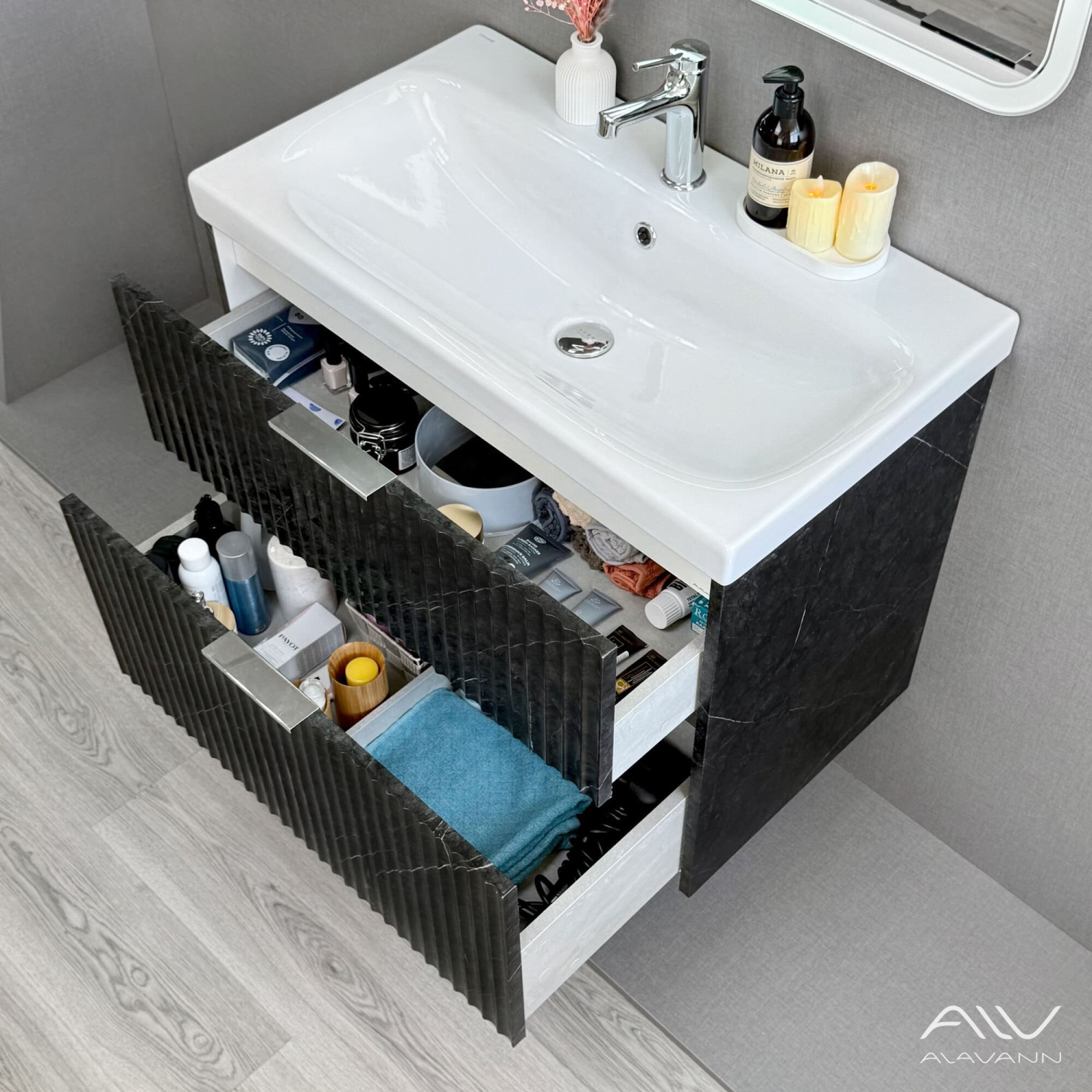 Тумба подвесная Alavann Anna 80 с раковиной Moduo 80, черный мрамор