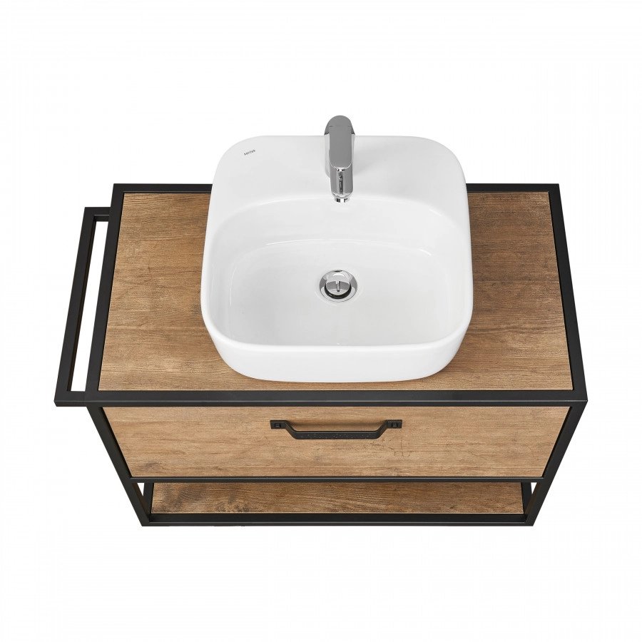 Тумба подвесная Aquaton Лофт Фабрик 80 с раковиной Одри 42х42 Soft, дуб кантри