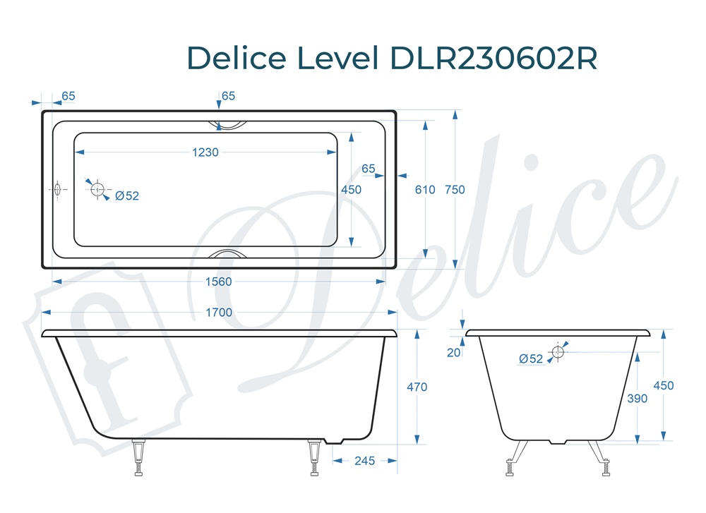 Ванна чугунная Delice Level 170х75 DLR230602R с отверстиями под ручки
