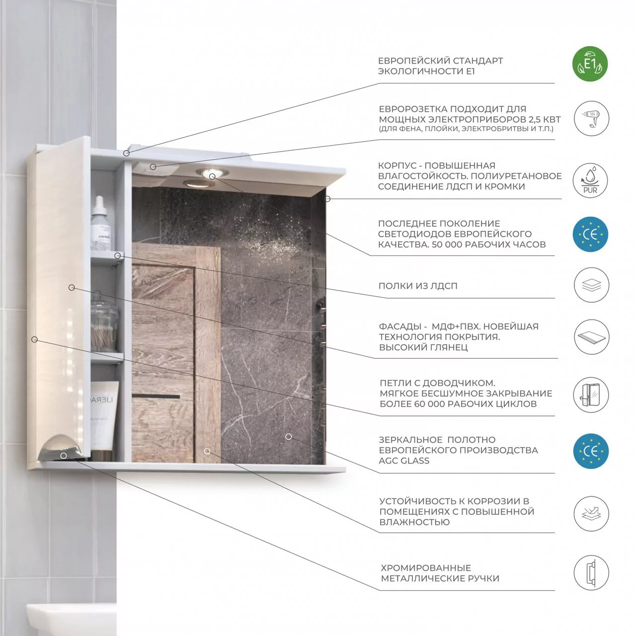 Зеркало с шкафчиком Vigo Callao 70 L, свет, белый