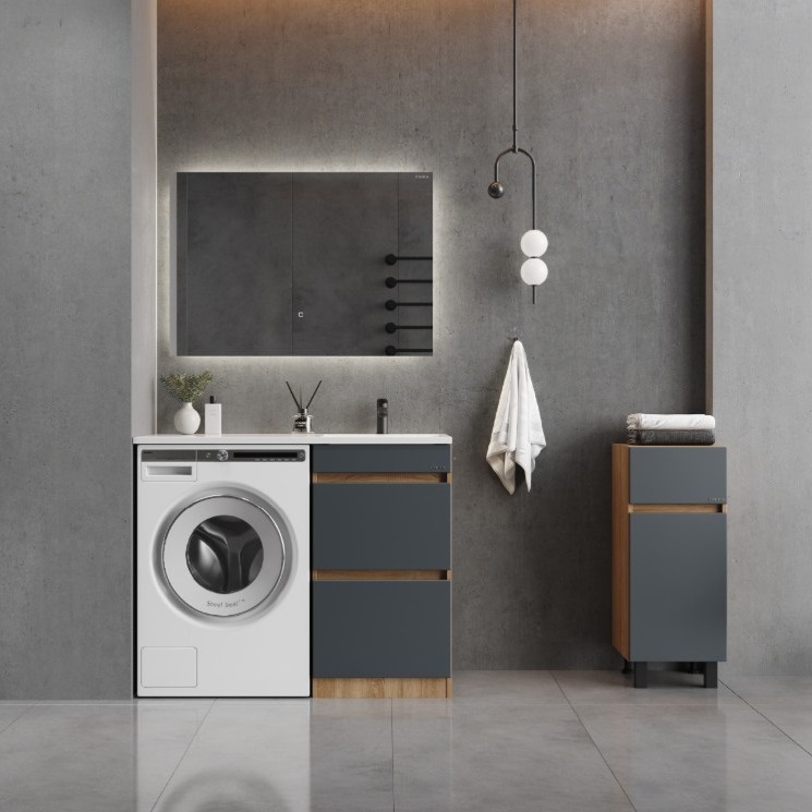 Тумба напольная Onika Милтон 58 с раковиной Марсал 120 под стиральную машину, правая, серая/дуб сонома