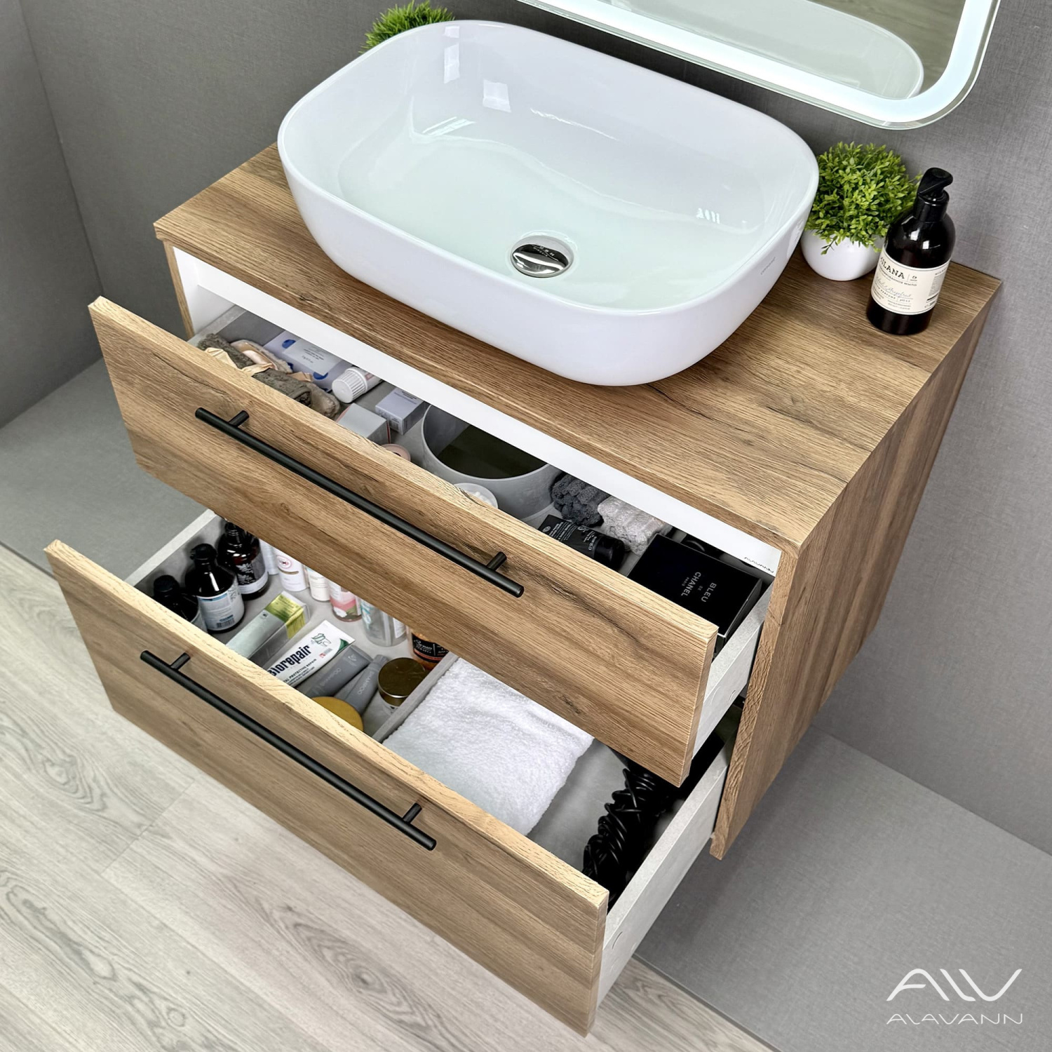Тумба подвесная Alavann Rondo 80 с раковиной Moduo 50 SQUARE, дуб