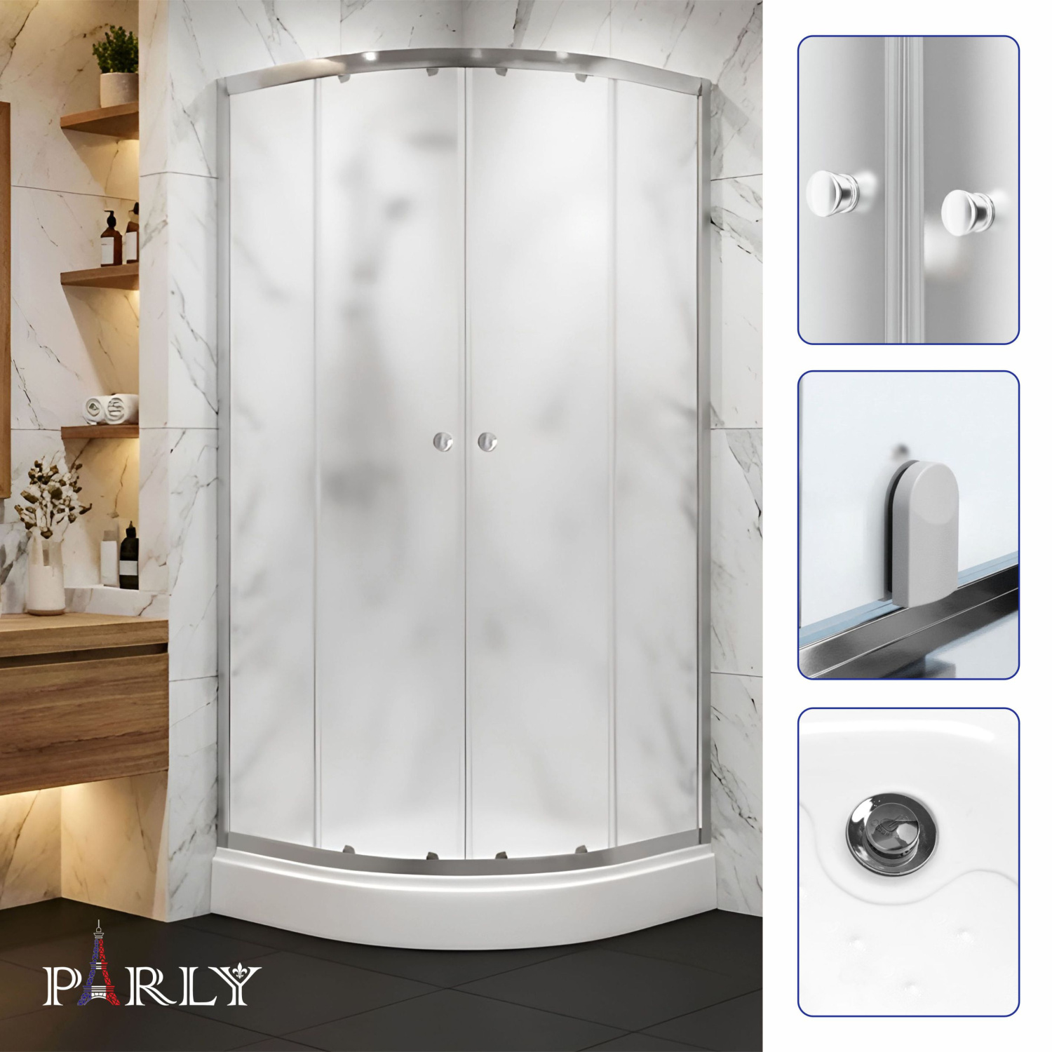 Душевой уголок Parly ZF81N  четверть круга, с низким поддоном, прозрачное стекло, хром матовый