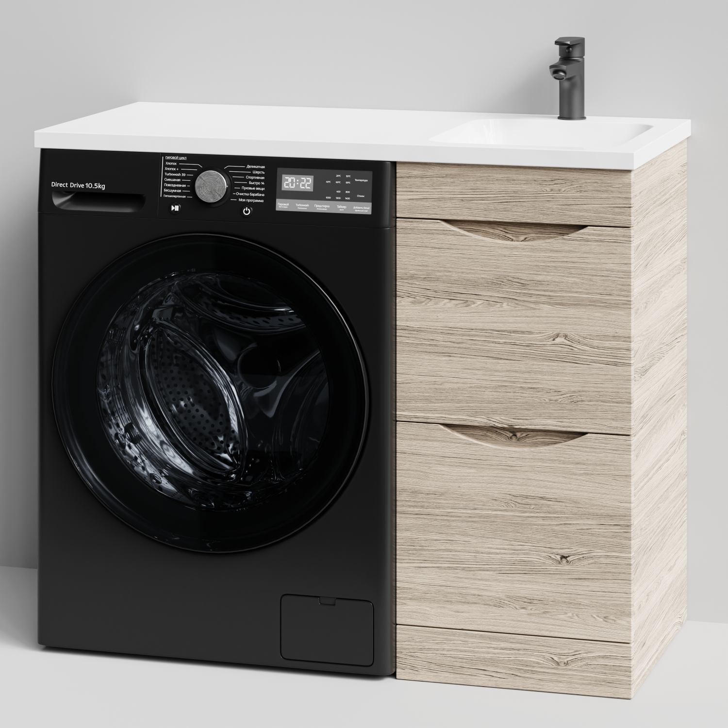 Тумба Vod-ok 38 с раковиной Смайл 100 напольная, под стиральную машину, правая, Дубослив ореховый светлый