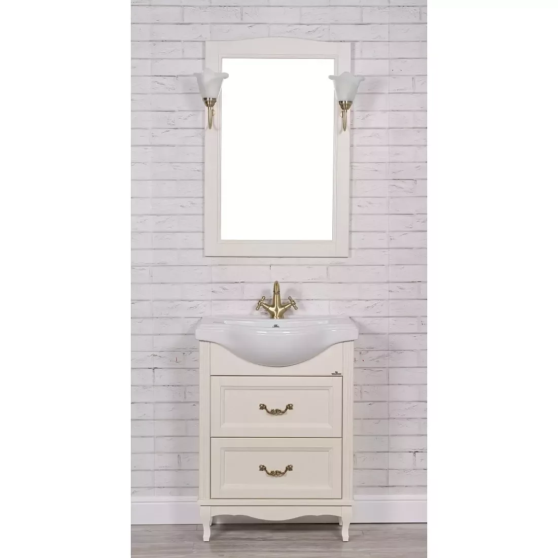 Тумба напольная ValenHouse Эллина 65/2 с раковиной Классик 65, 2 ящика, слоновая кость, бронза