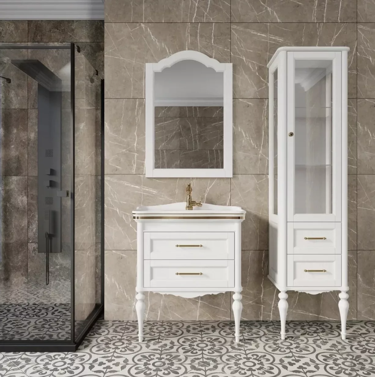 Пенал напольный ValenHouse Эстетика 50 R витрина, белый, фурнитура золото