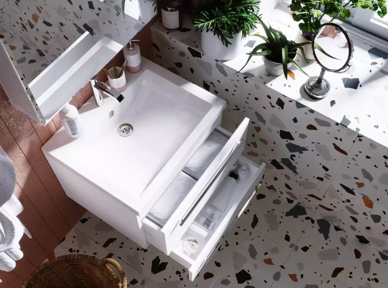 Тумба подвесная 1Marka Соната 58П с раковиной Нота New Polytitan 58, 2 ящика, белый