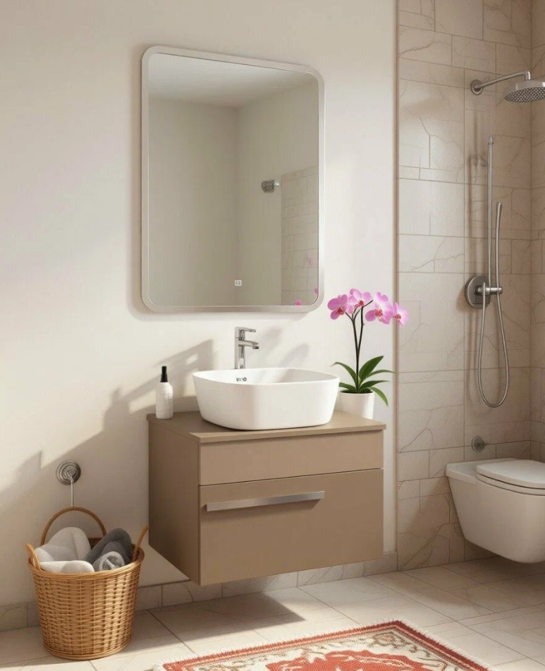 Тумба подвесная Runo Вудлайн 65 с раковиной Bella 41 квадратная, розовый/бежевый