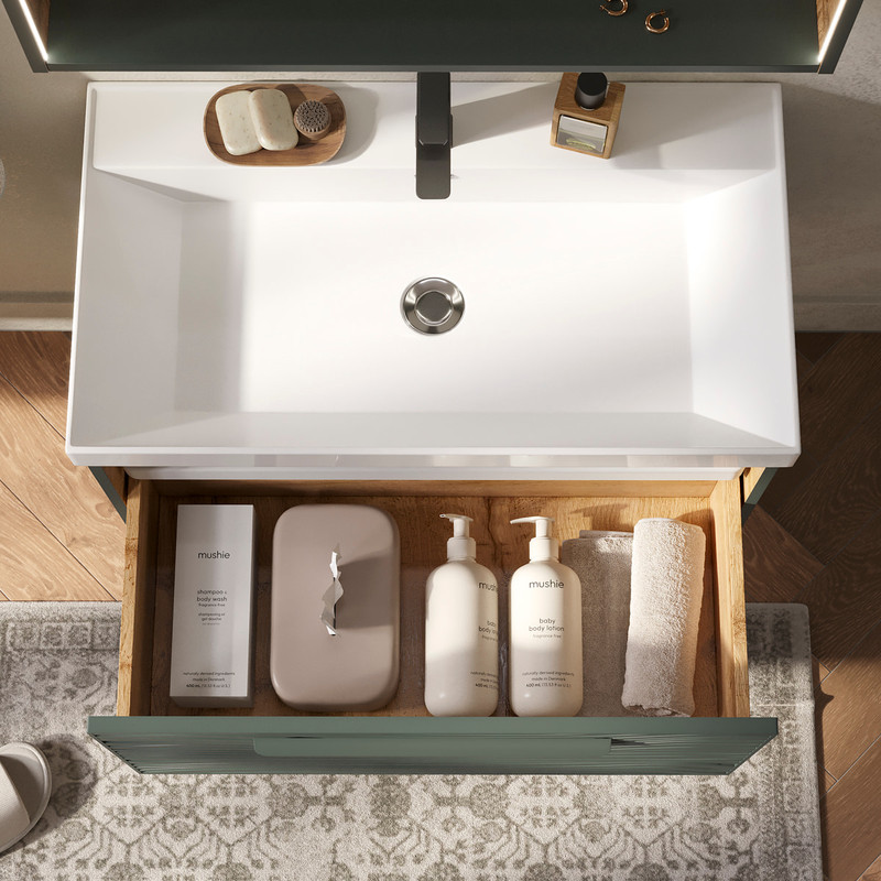 Тумба с раковиной EQUIL Gleam 80 подвесная, 1 ящик, зеленый камень/дуб вотан