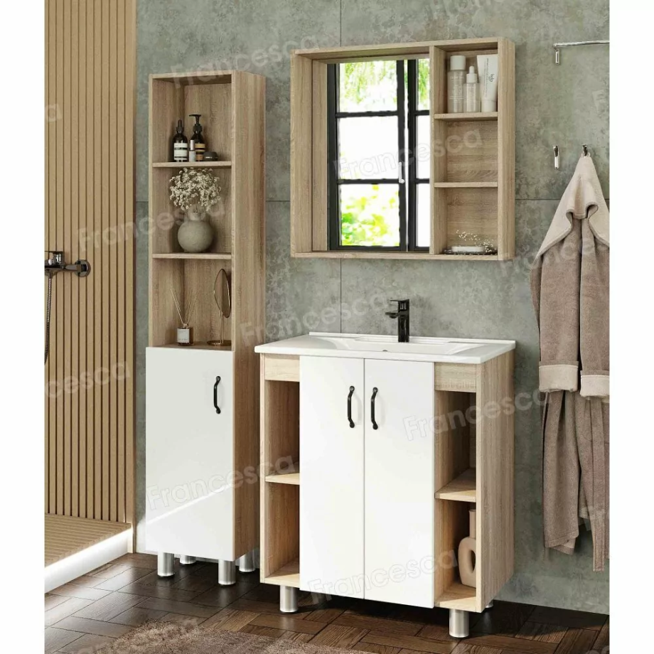 Мебель для ванной Венеция Камилла 75 напольный комплект, белый/дуб сонома