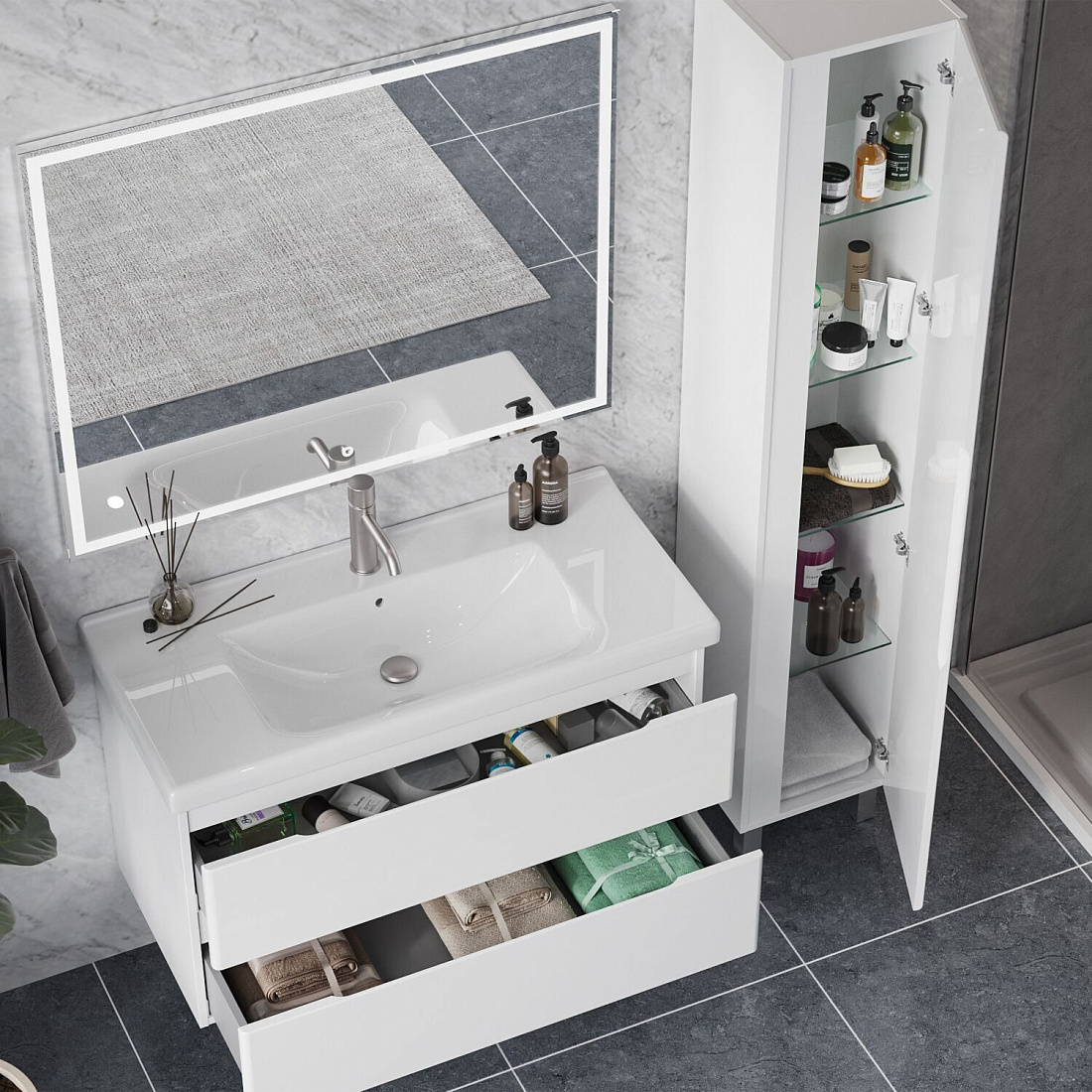 Тумба подвесная SanStar Riana 100 с раковиной Миранда 100 (комплект), белая