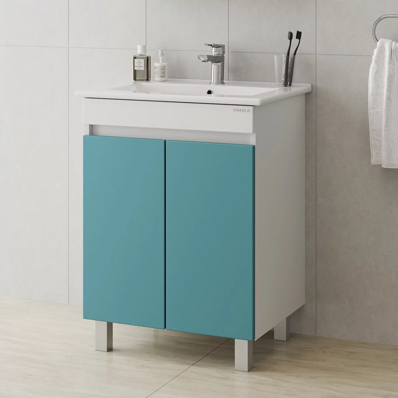 Тумба напольная Onika Марви 60 с раковиной Элина 60, бирюза/белый
