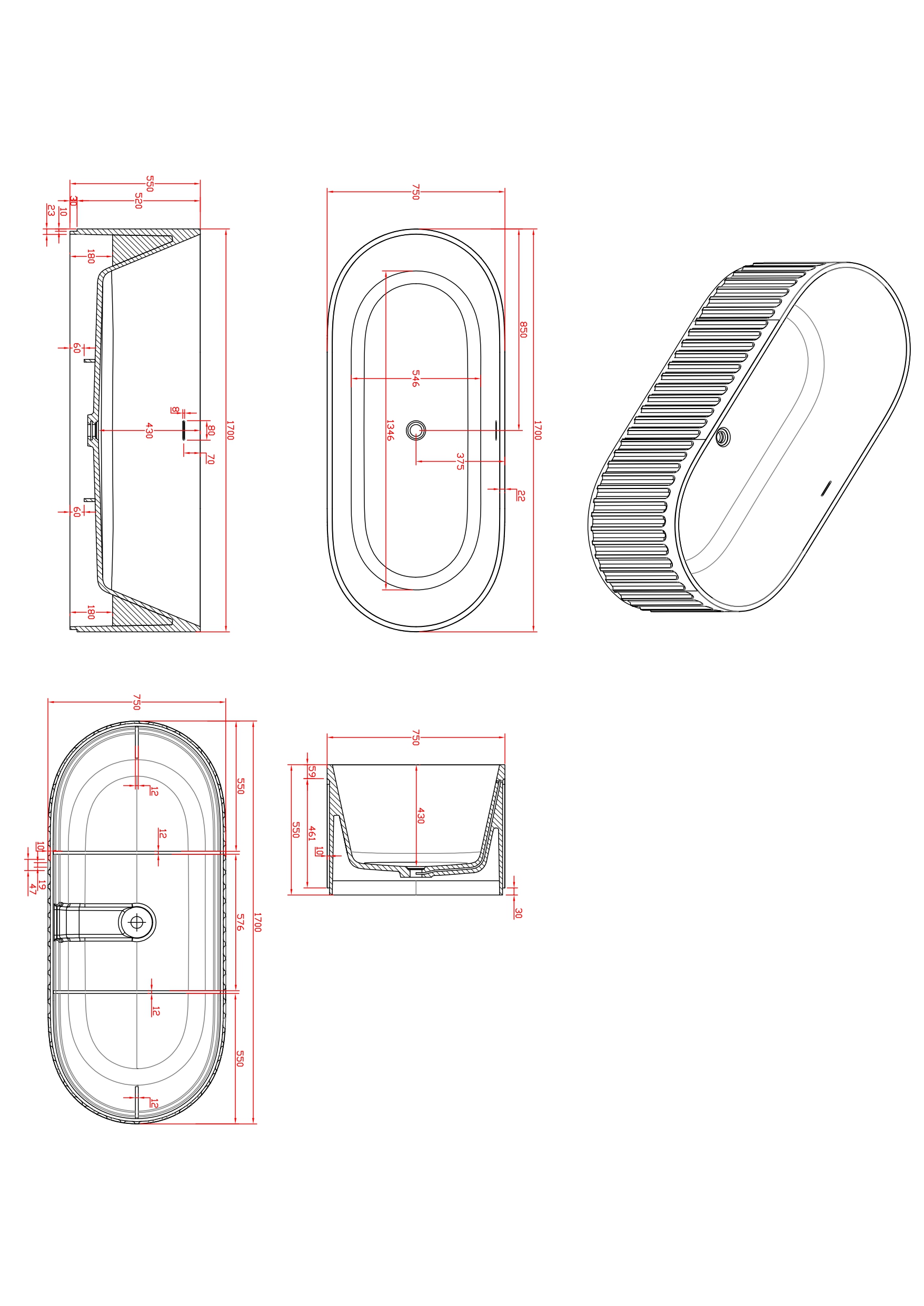 Ванна из искусственного камня Timo solid KIARA1680 (1680*740*550)