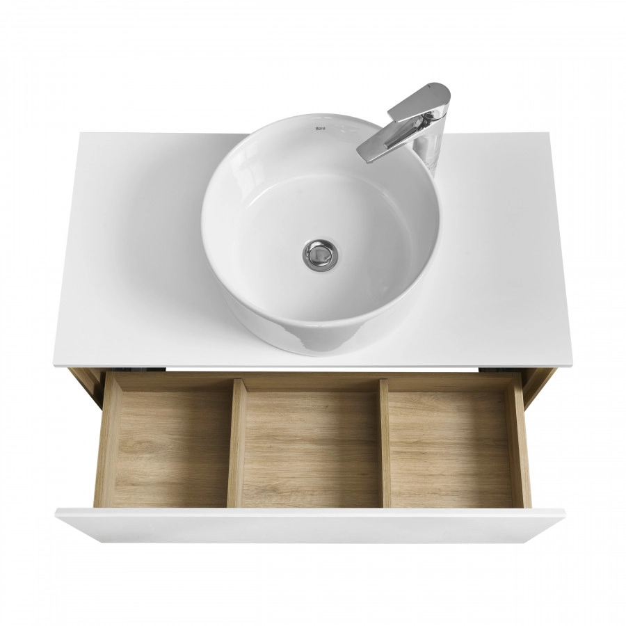 Тумба подвесная AQUATON Либерти 90, столешница белая, раковина MILA 40, дуб эльвезия