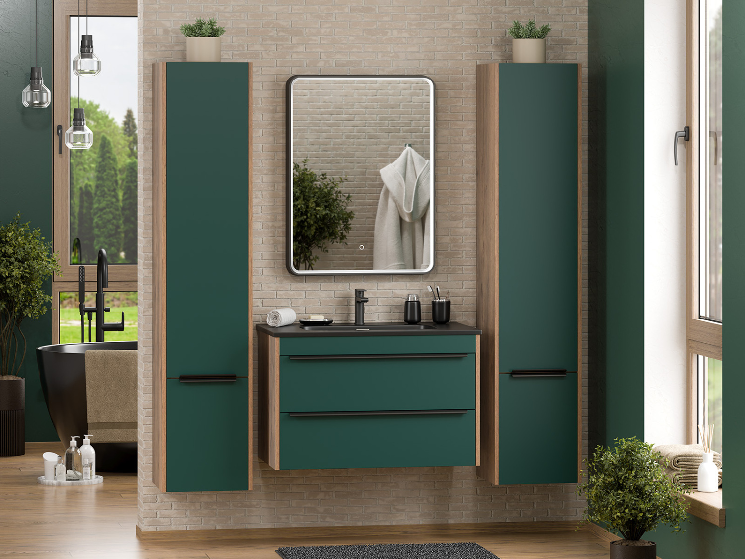 Тумба с раковиной Brevita Greenwood 80 подвесная, зеленый/дуб Галифакс