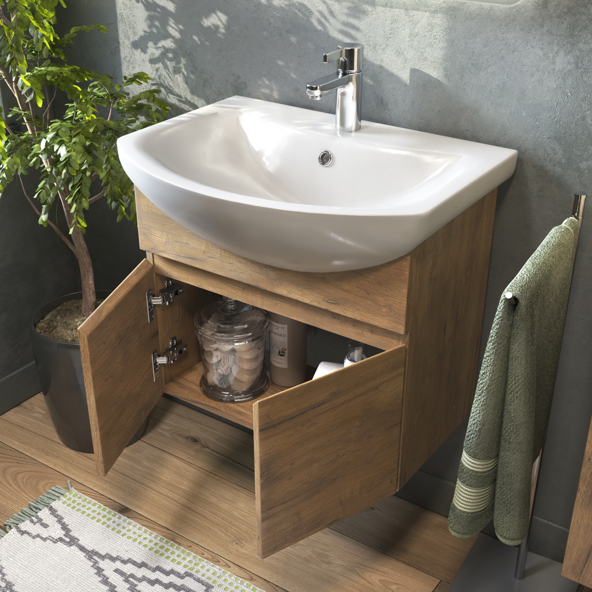 Тумба подвесная Vigo Wing 60 с раковиной Балтика 60, 2 двери, дуб золото