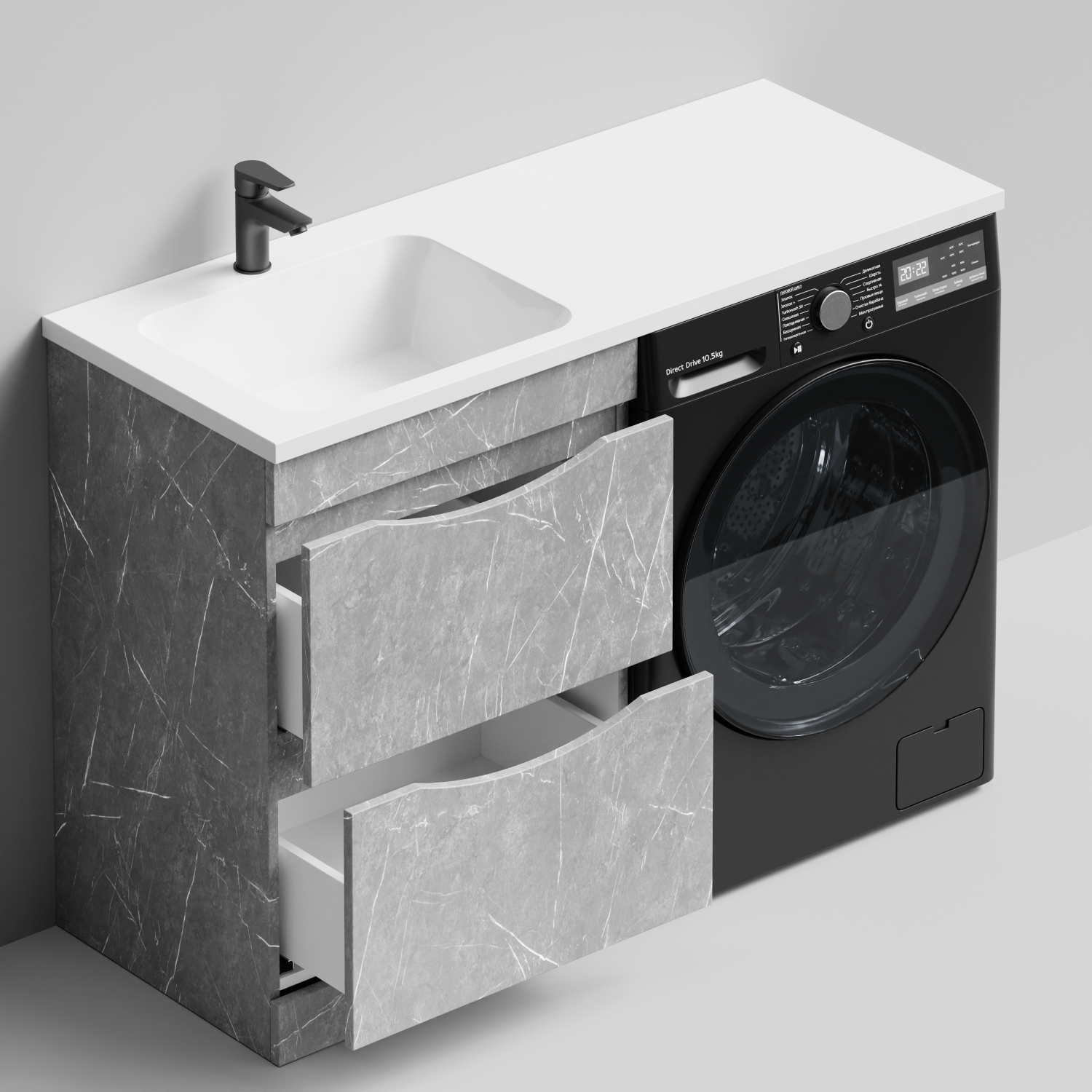Тумба Vod-ok 58 с раковиной Смайл 120 напольная, под стиральную машину, левая, Мрамор Белый софт тач